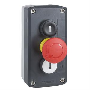Estação de controlo, plástico, tampa cinzenta escura, 2 botões de pressão ø22, marcada seta para cima / seta para baixo, 1 cogumelo vermelho ø30