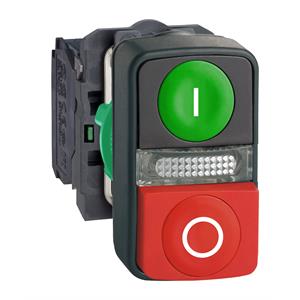 Illuminated double-headed push button, plastic, ø22, 1 cim een flush i + 1 luz piloto + 1 red projecting o, 1 no + 1 nc