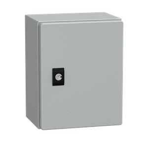 Porta lisa CRN Spacial com placa de montagem. H250xW200xD150 IP66 IK10 RAL7035.