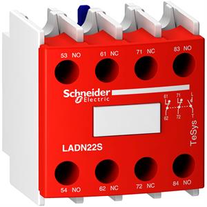 Auxiliary contact block, TeSys D, 2NO + 2NC, front mounting, screw-clamps terminals, red front face