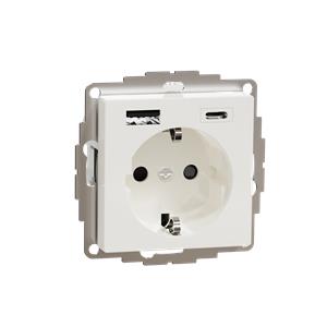 M-Elegance - Tomada 2P+T + carregador USB 2.0 + USB 3.1 - 3A - Branco brilhante