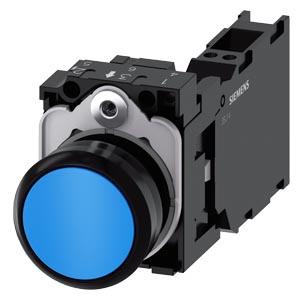 Botão de pressão, 22mm, redondo, plástico, azul, 1NA+1NF