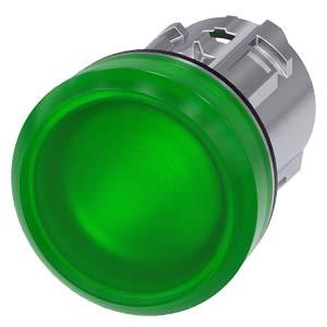 Sinalizador luminoso, 22mm, redondo, metal, alto brilho, verde, lente, plano