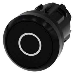 Botão de pressão, 22mm, redondo plástico, preto, inscrição: O, botão de pressão