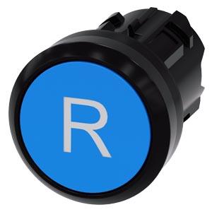 Botão de pressão, 22mm, redondo plástico, azul, inscrição: R, botão de pressão