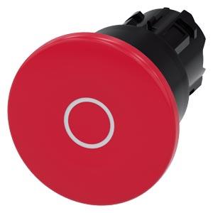 Botão cogumelo, 22mm, redondo, plástico, vermelho, inscrição: O
