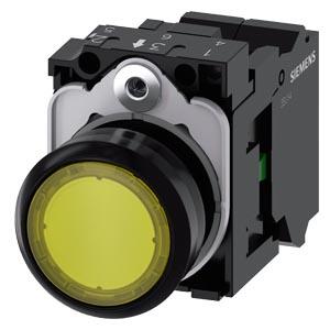 Botão de pressão, iluminado, 22mm, redondo, plástico, amarelo, 1NA, 24V CA/CC