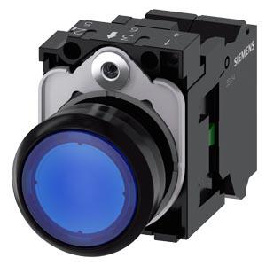 Botão de pressão, iluminado, 22mm, redondo, plástico, azul, 1NA, 24V CA/CC