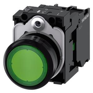 Botão de pressão, iluminado, 22mm, redondo, plástico, verde, 1NA, 230V CA