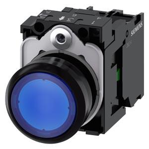 Botão de pressão, iluminado, 22mm, redondo, plástico, azul, 1NA, 230V CA
