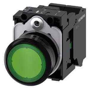 Botão de pressão, iluminado, 22mm, redondo, plástico, verde, 1NA, 230V CA