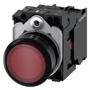 Botão de pressão, iluminado, 22mm, redondo plástico, vermelho, 1NF, 230V CA