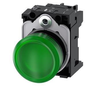 Sinalizador luminoso, 22mm, redondo, plástico, verde, lente, plano, 230V CA