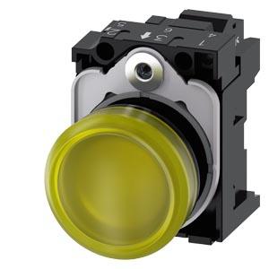 Sinalizador luminoso, 22mm, redondo, plástico, amarelo, lente, plano, 230V CA
