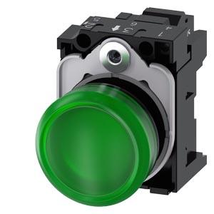 Sinalizador luminoso, 22mm, redondo, plástico, verde, lente, plano, 230V CA