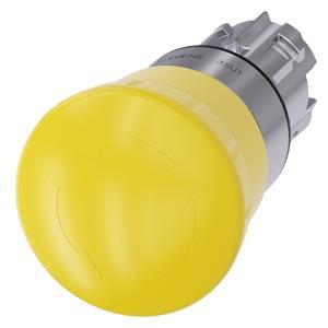 Botão cogumelo, 22mm, redondo, metal, alto brilho, amarelo, desencrava por rotação