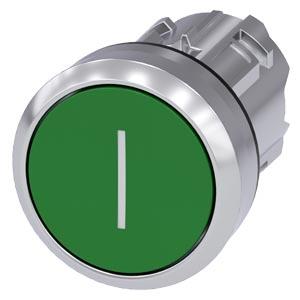 Botão de pressão, 22mm, redondo, metal, alto brilho, verde, inscrição: I, botão de pressão