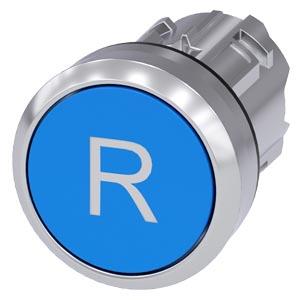 Botão de pressão, 22mm, redondo, metal, alto brilho, azul, inscrição: R, botão de pressão