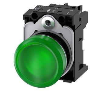 Sinalizador luminoso, 22mm, redondo, metal, alto brilho, verde, lente, plano, 230V CA