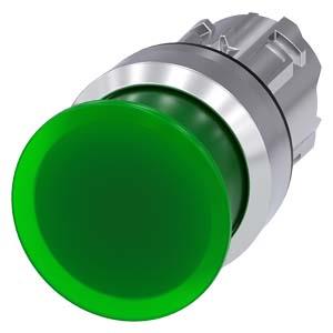 Botão cogumelo, iluminado, 22mm, redondo, metal, alto brilho, verde, 30mm
