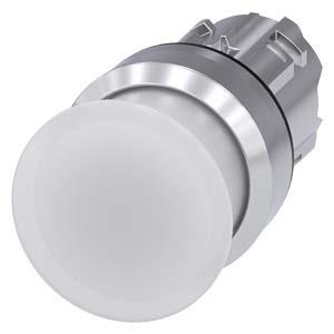 Botão cogumelo, iluminado, 22mm, redondo, metal, alto brilho, branco, 30mm