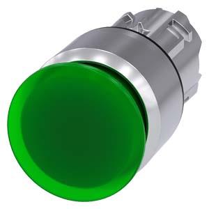 Botão cogumelo, iluminado, 22mm, redondo, metal, alto brilho, verde, 30mm