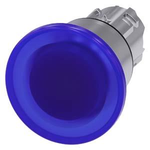 Botão cogumelo, iluminado, 22mm, redondo, metal, alto brilho, azul