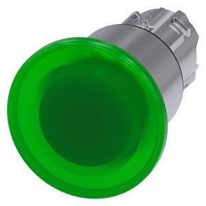 Botão cogumelo, iluminado, 22mm, redondo, metal, alto brilho, verde, 40mm
