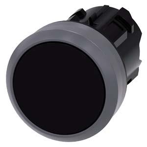 Botão de pressão, 22mm, redondo, plástico, com anel frontal de metal, preto