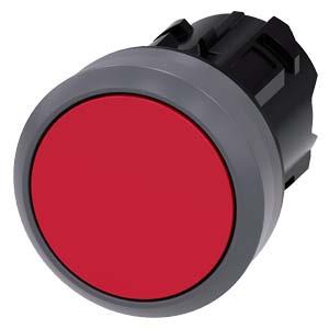 Botão de pressão, 22mm, redondo, plástico, com anel frontal de metal, vermelho