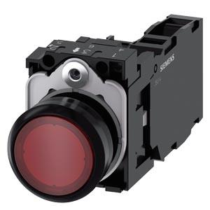 Botão de pressão, iluminado, 22mm, redondo plástico, vermelho, 1NA+1NF, 230V CA