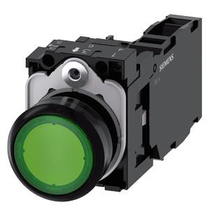 Botão de pressão, iluminado, 22mm, redondo, plástico, verde, 1NA+1NF, 230V CA