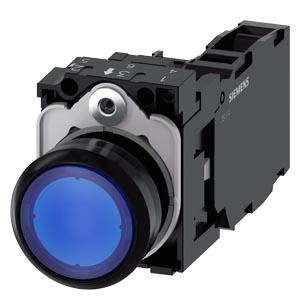 Botão de pressão, iluminado, 22mm, redondo, plástico, azul, 1NA+1NF, 230V CA