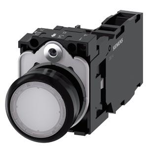 Botão de pressão, iluminado, 22mm, redondo, plástico, branco, 1NA+1NF, 230V CA