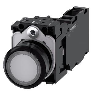 Botão de pressão, iluminado, 22mm, redondo, plástico, transparente, 1NA+1NF, 230V CA