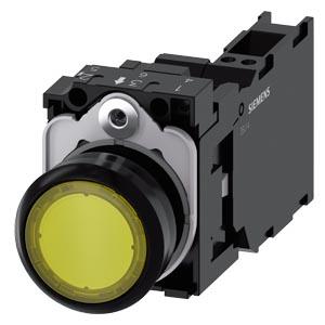Botão de pressão, iluminado, 22mm, redondo, plástico, amarelo, 1NA+1NF, 230V CA