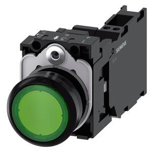 Botão de pressão, iluminado, 22mm, redondo, plástico, verde, 1NA+1NF, 230V CA