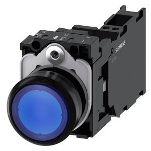 Botão de pressão, iluminado, 22mm, redondo, plástico, azul, 1NA+1NF, 230V CA