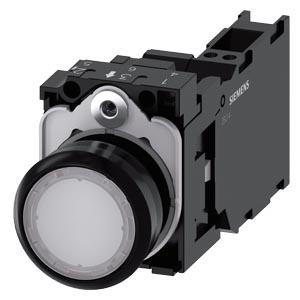 Botão de pressão, iluminado, 22mm, redondo, plástico, branco, 1NA+1NF, 230V CA