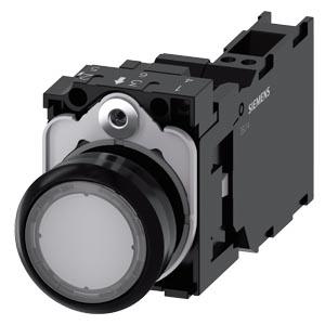 Botão de pressão, iluminado, 22mm, redondo, plástico, transparente, 1NA+1NF, 230V CA