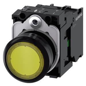 Botão de pressão, iluminado, 22mm, redondo, plástico, amarelo, 1NA, 230V CA