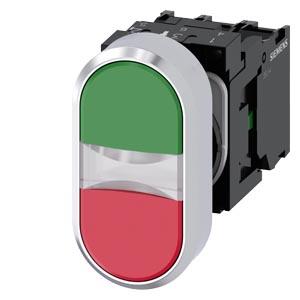Botão de pressão duplo, iluminado, 22 mm, redondo, metal, alto brilho, verde, vermelho, 1NA, 1NF