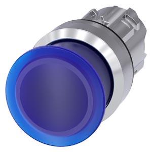 Botão cogumelo, iluminado, 22mm, redondo, metal, brilhante, azul, 30mm