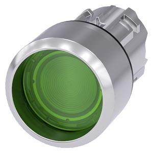 Botão de pressão iluminado, 22 mm, redondo, metal, alto brilho, verde, anel frontal, alto, tecla com retorno