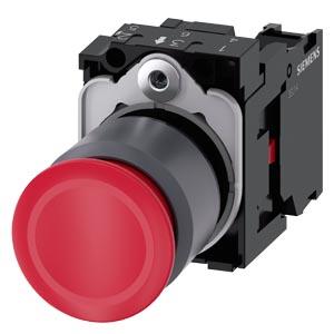Botão de pressão tipo cogumelo, 22 mm, redondo, plástico com anel frontal metálico, vermelho, 30 mm, de encaixe, desencrava puxando, com suporte, 1...